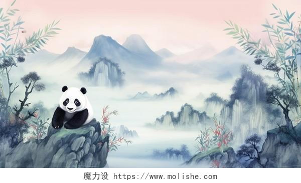 卡通可爱唯美浪漫手绘梦幻风想象国风山水之间熊猫全景简约场景插画壁纸海报